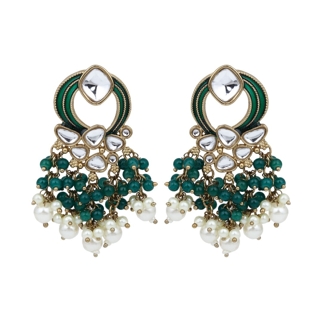 Gold-Plated Meenakari Stud Earrings with Kundan & Pearl Cluster drops - Green