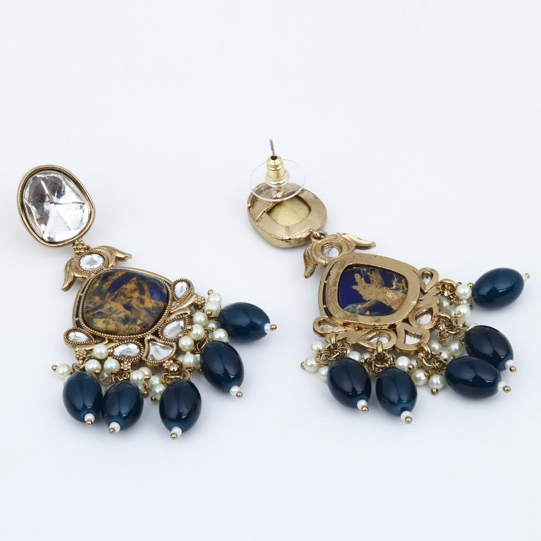 Gold plated two tone Pear shaped stone drop earring - Blue