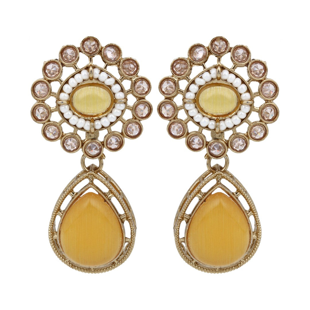 Gold plated Flower Stud with tear drop earring - Yellow