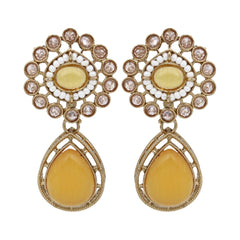 Gold plated Flower Stud with tear drop earring - Yellow