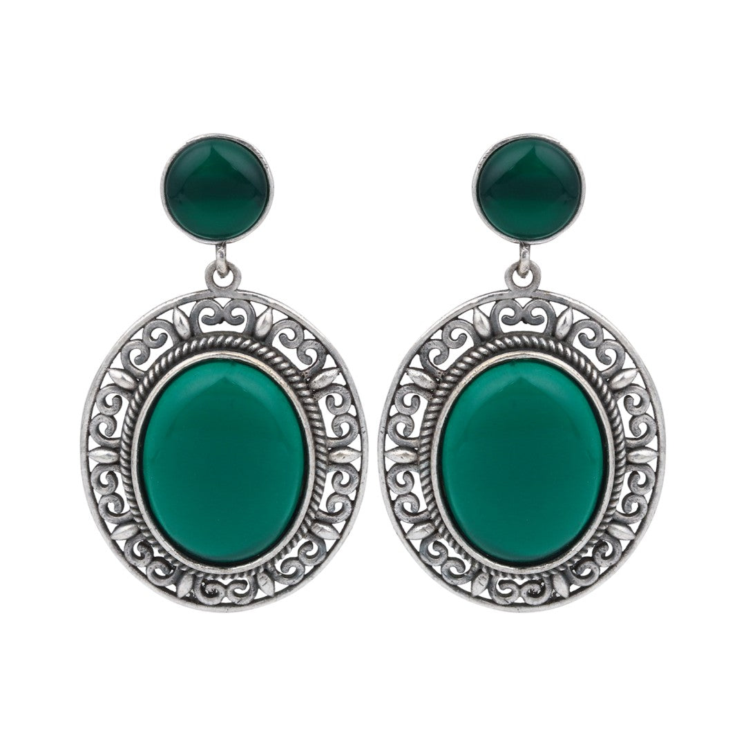 Oval Drop Earring in Silver frame with filigree Green