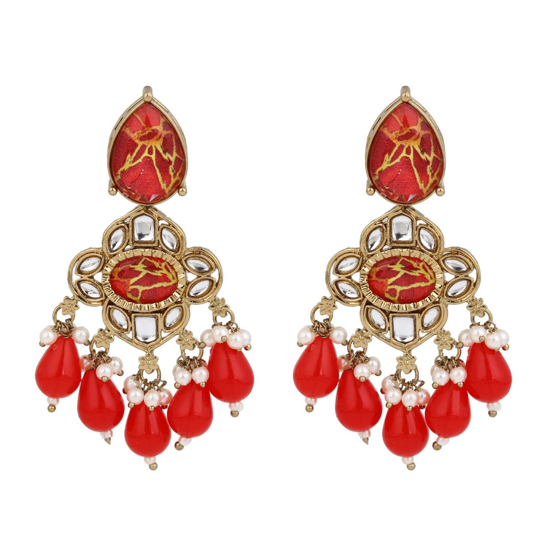 Gold-Plated Red Kundan Chandelier Earrings with Bead Drops