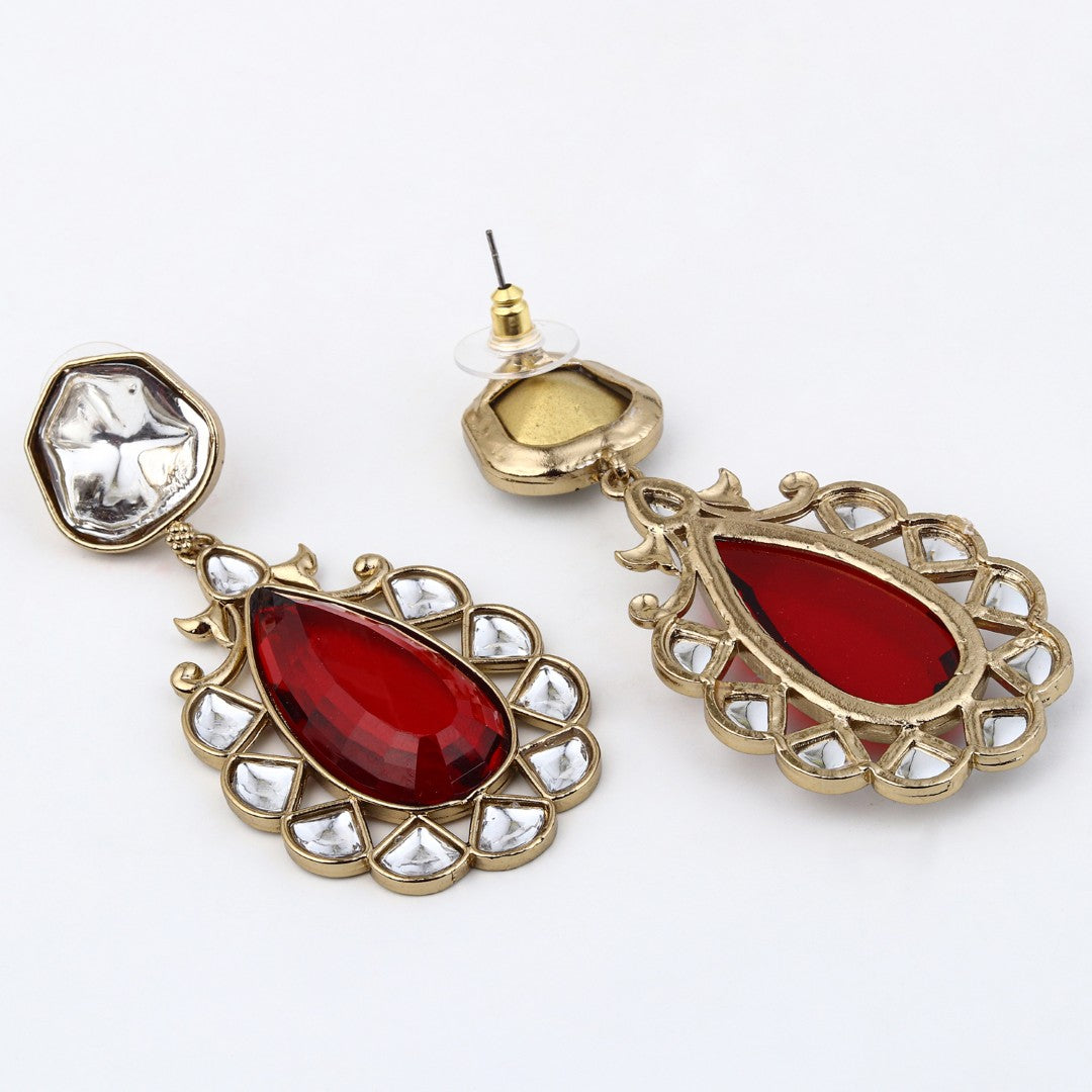 Gold-Plated Red Kundan Teardrop Earrings for Women