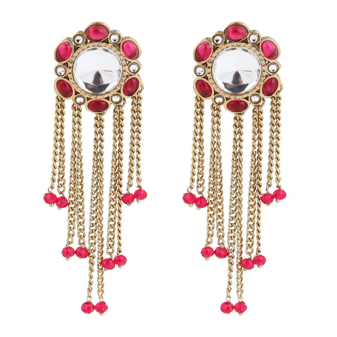 Kundan Tassel Drop Earrings - Pink