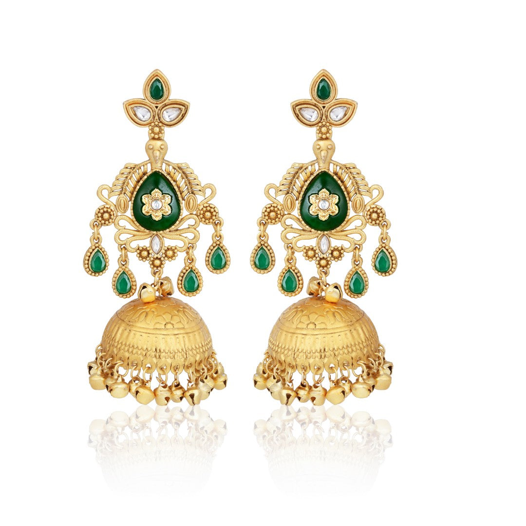 Emerald Green Temple Jhumka Earrings with Ghungroo Drops
