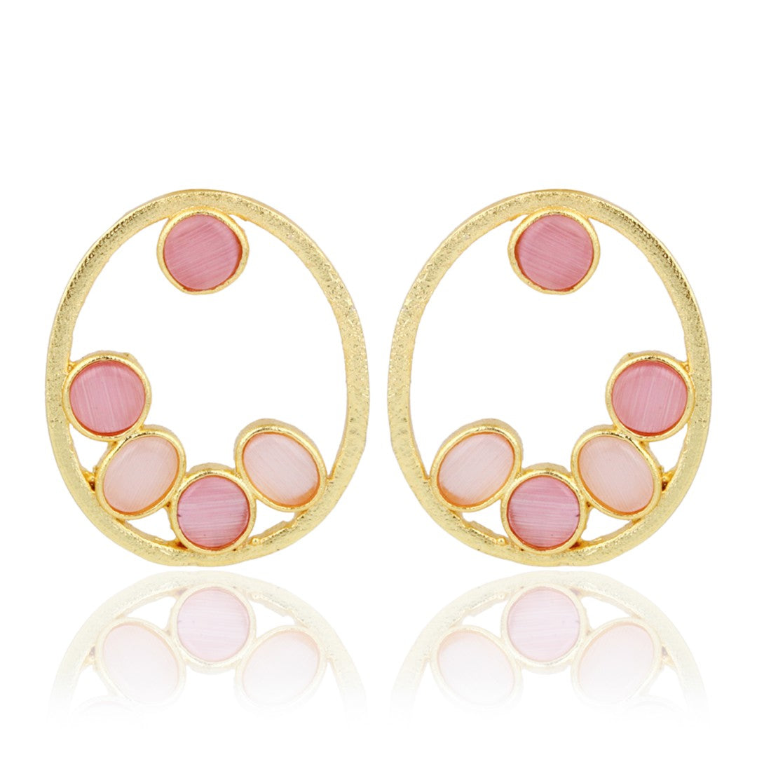Pink Stone Gold-Toned Oval Statement Earrings