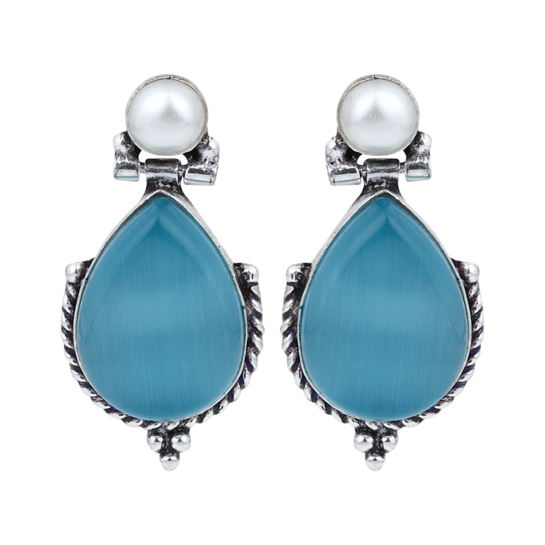 Pearl & Stone tear drop earring - Blue