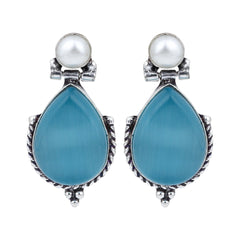 Pearl & Stone tear drop earring - Blue