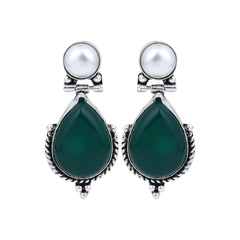 Pearl & Stone tear drop earring - Green