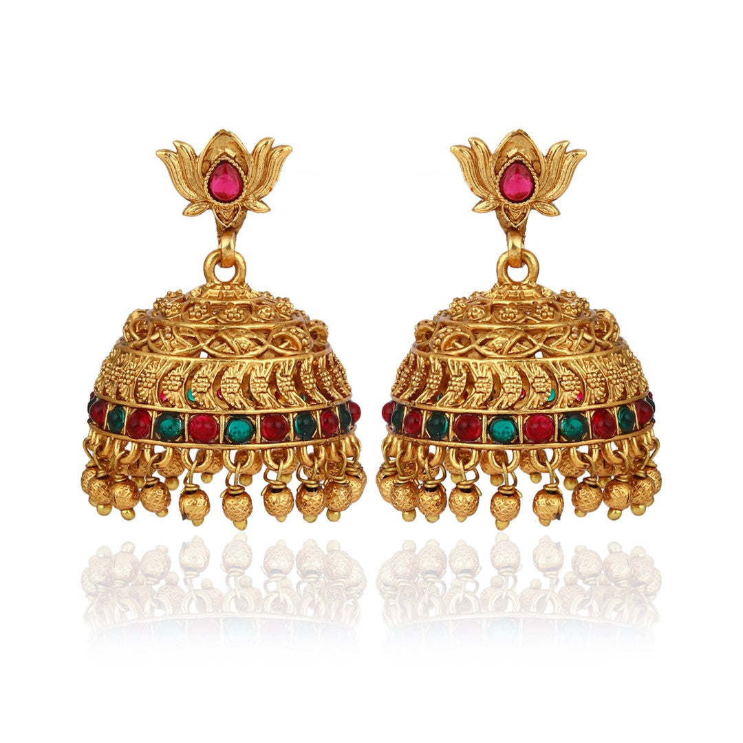 Ruby & Emerald Filigree Jhumka Earrings