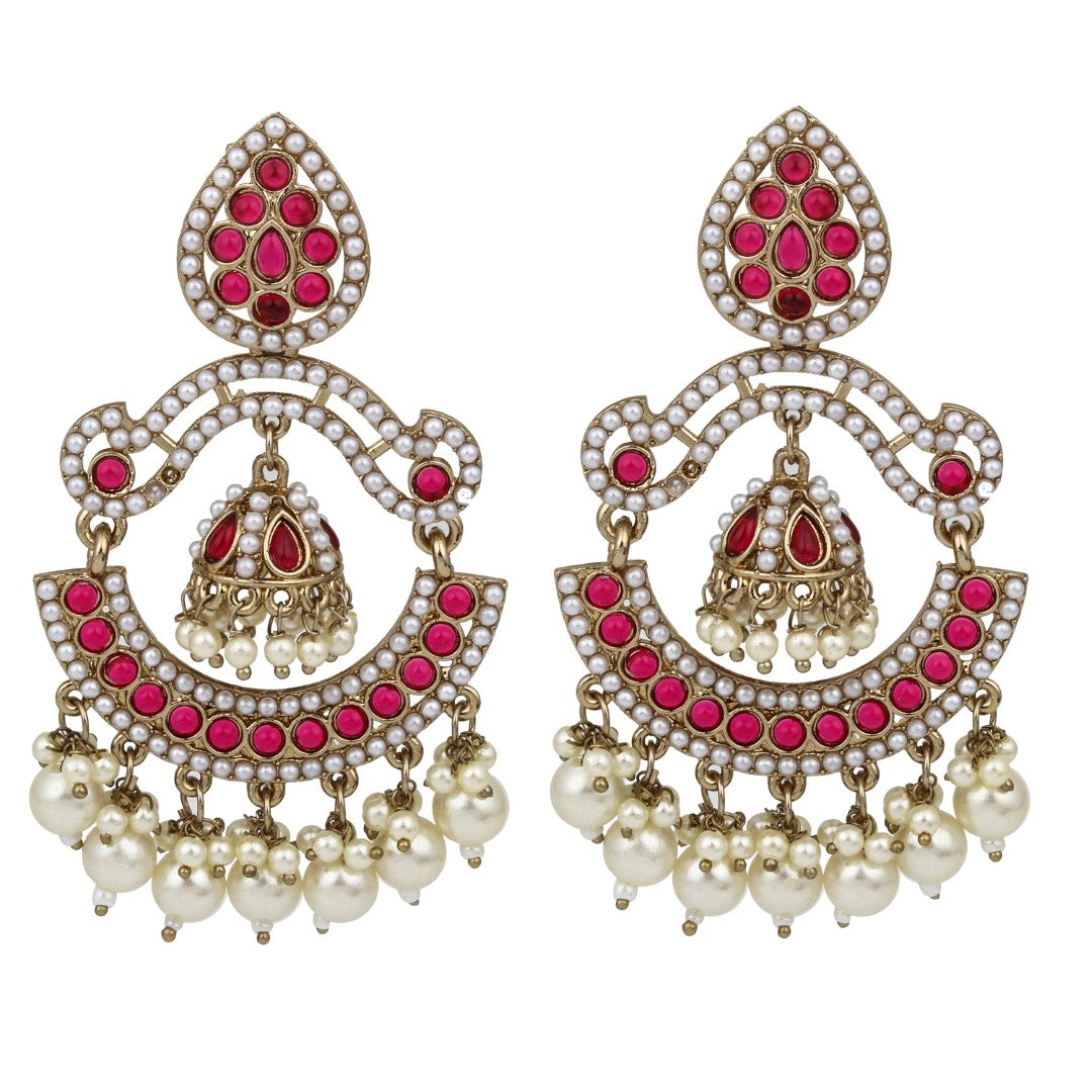 Gold plated Stone & beads chandbali Earring Red