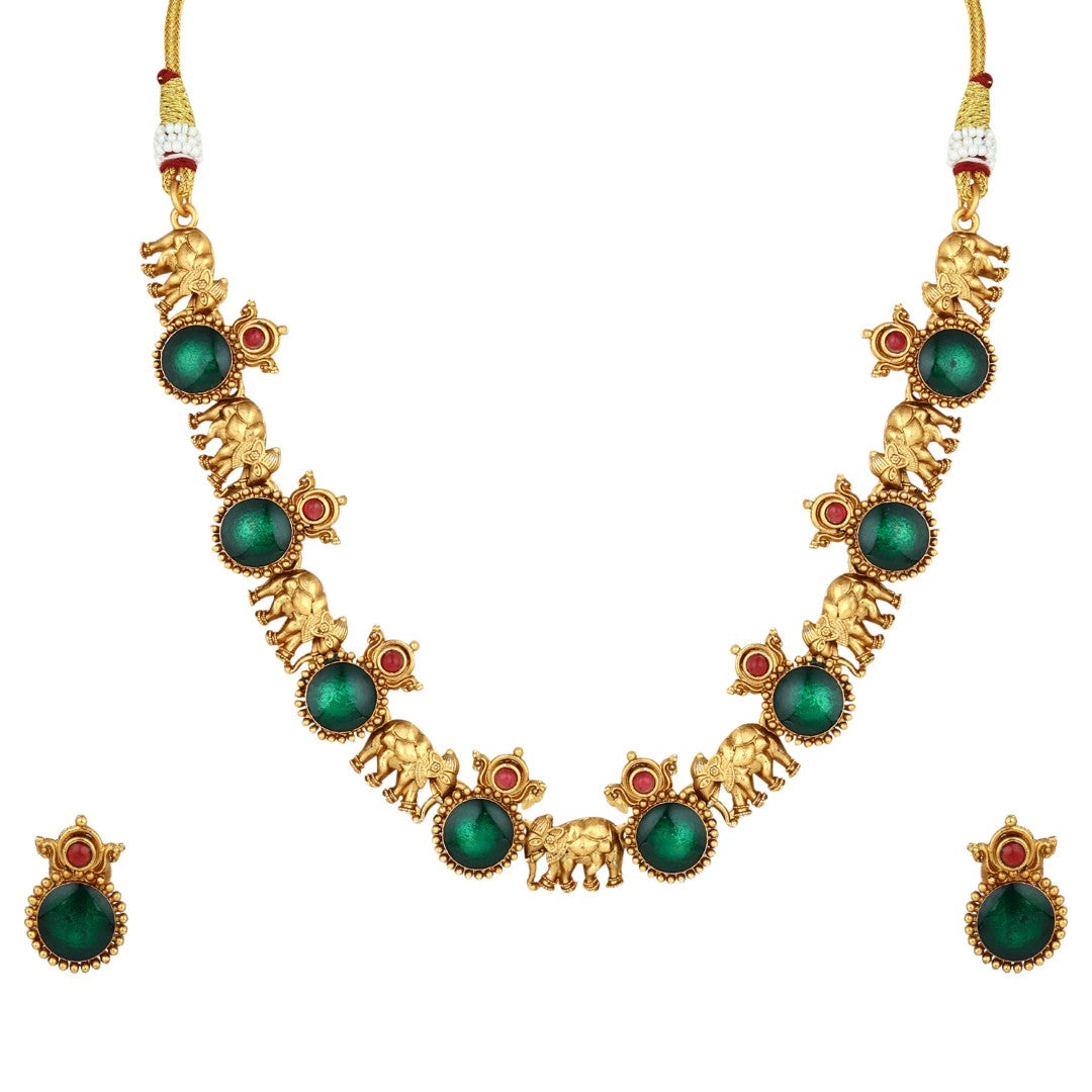 Gold plated Meenakari & Elephant Motif Necklace set - Green