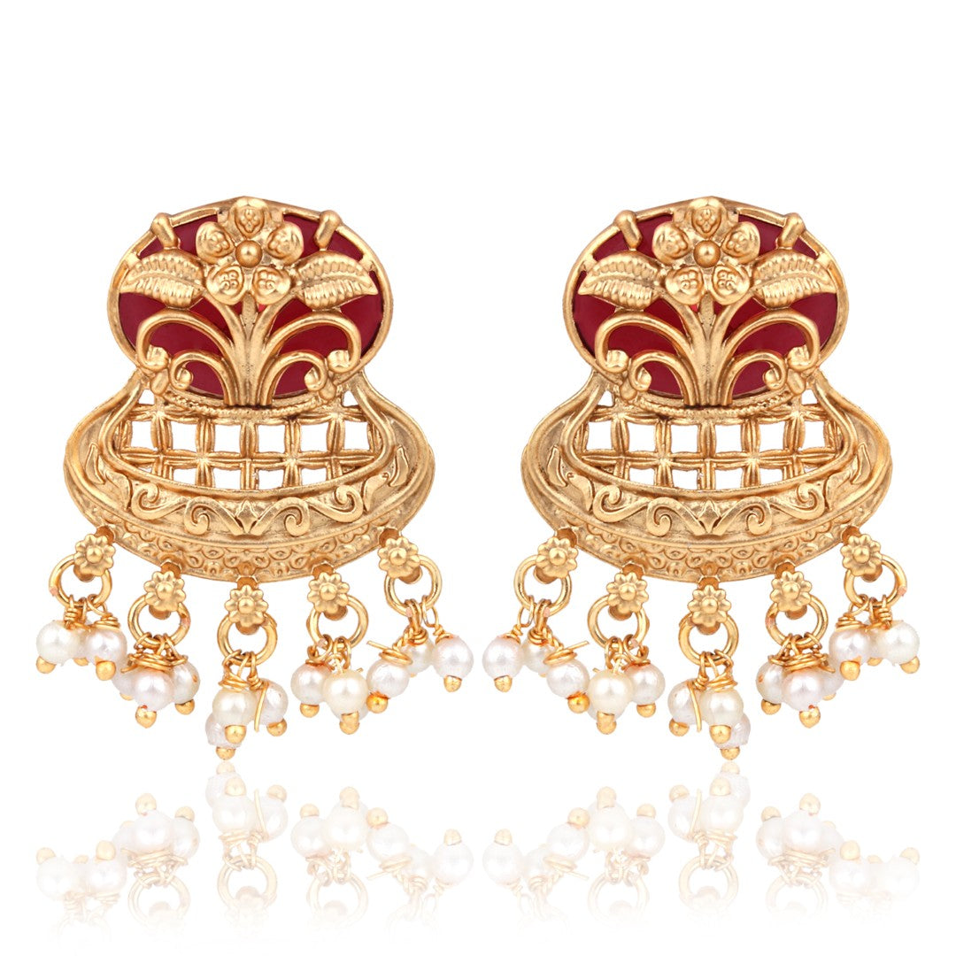 Antique Gold Layered Kundan Necklace Set with drop Earrings Red