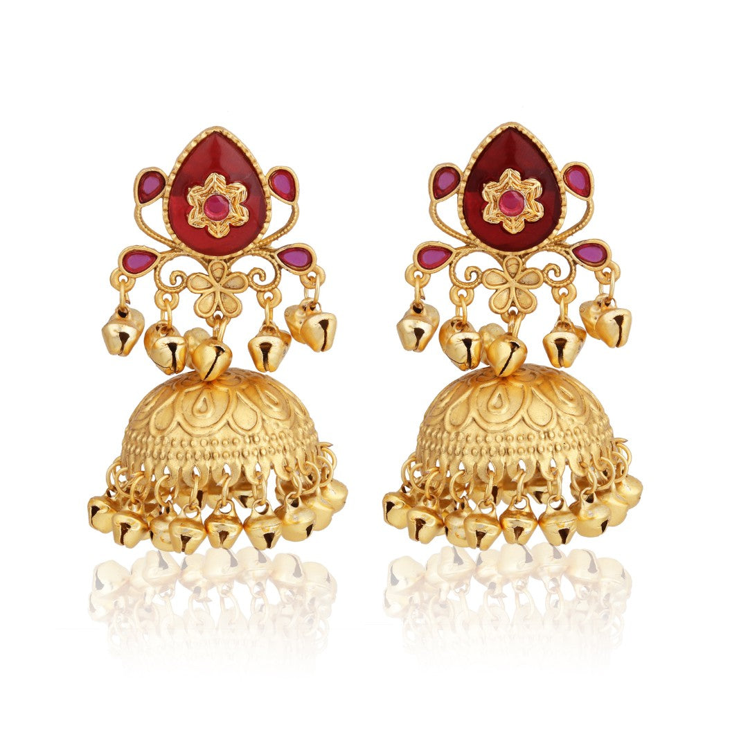 Ruby Temple Jhumka Earrings with Ghungroo Drops