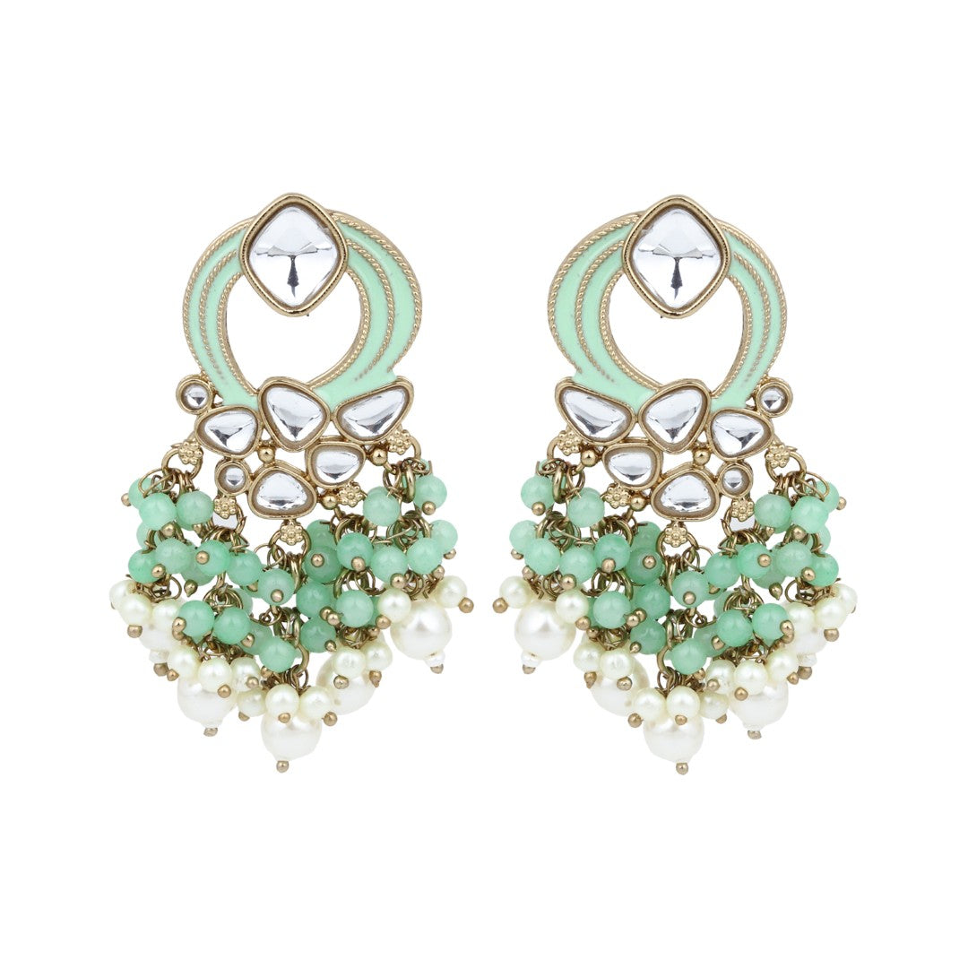 Gold-Plated Meenakari Stud Earrings with Kundan & Pearl Cluster drops - Sage green