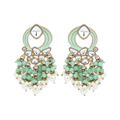 Gold-Plated Meenakari Stud Earrings with Kundan & Pearl Cluster drops - Sage green