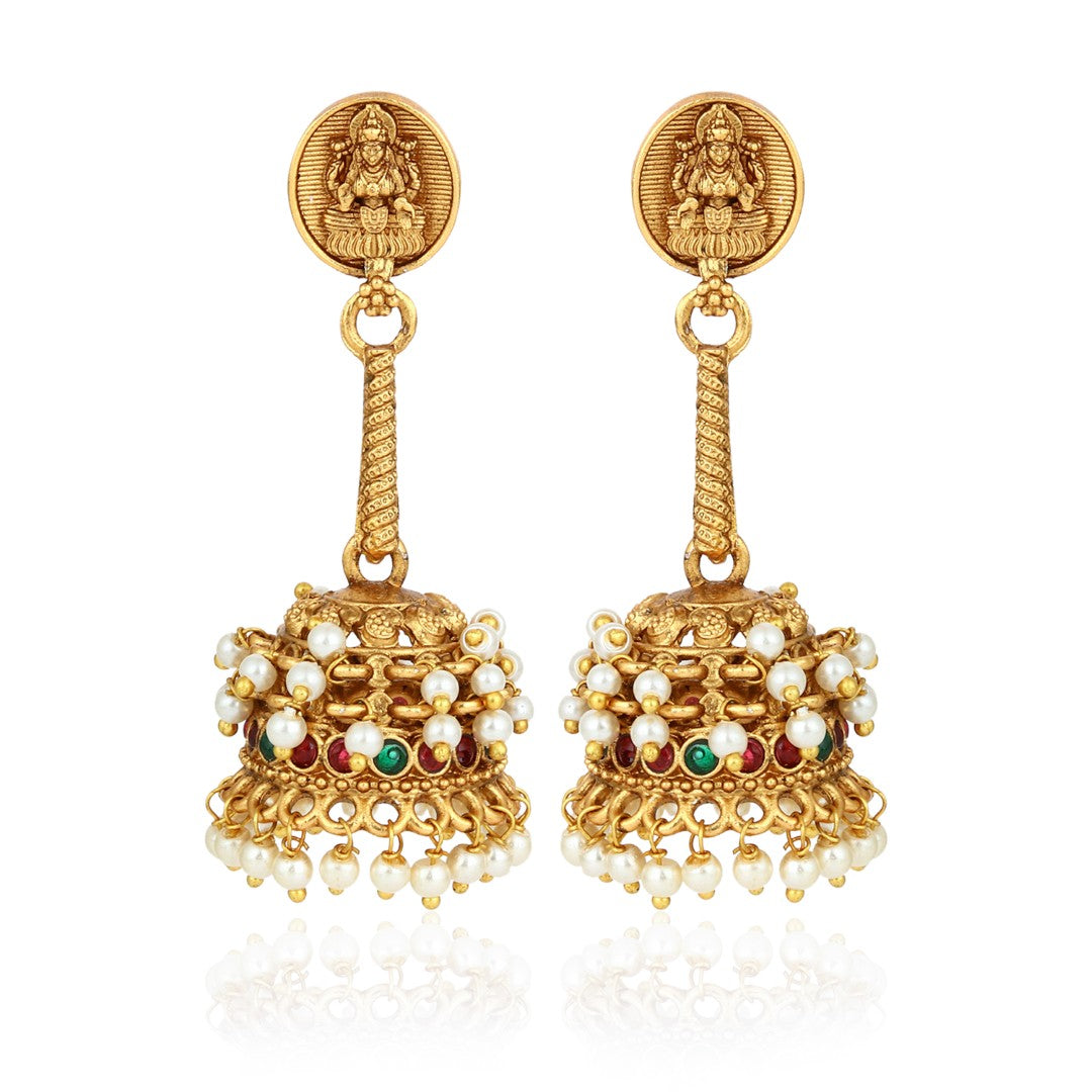 Lakshmi Motif Pearl Jhumka Earrings