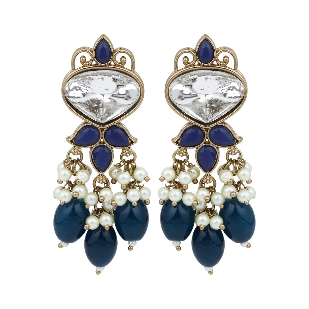 Gold plated Kundan & Pearl drop Earrings- Blue