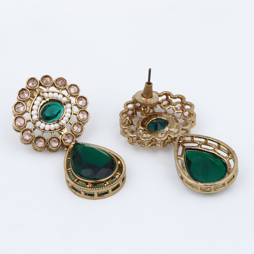 Gold plated Flower Stud with tear drop earring - Green