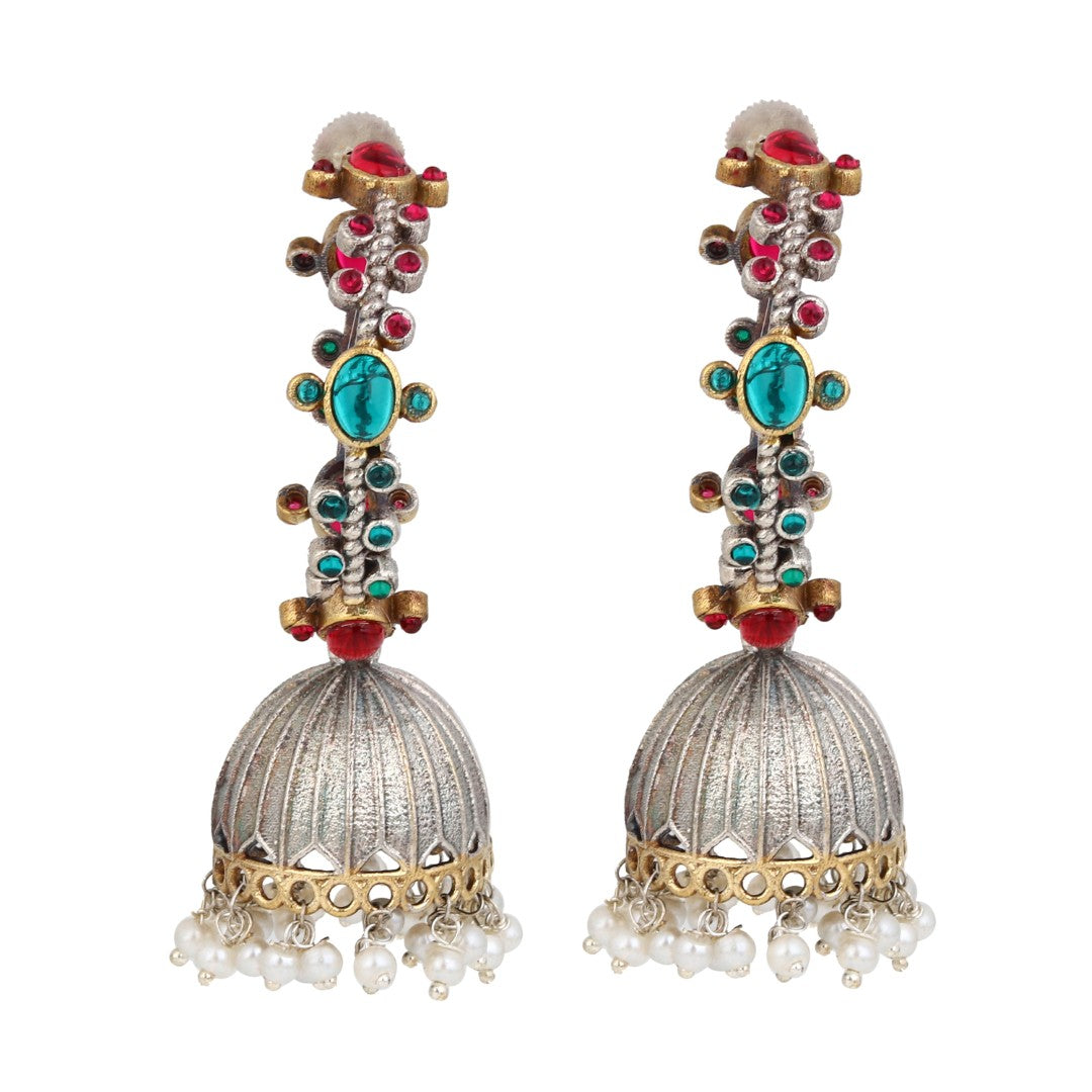Silver-Tone Brass Stone-Studded Jhumka Earrings