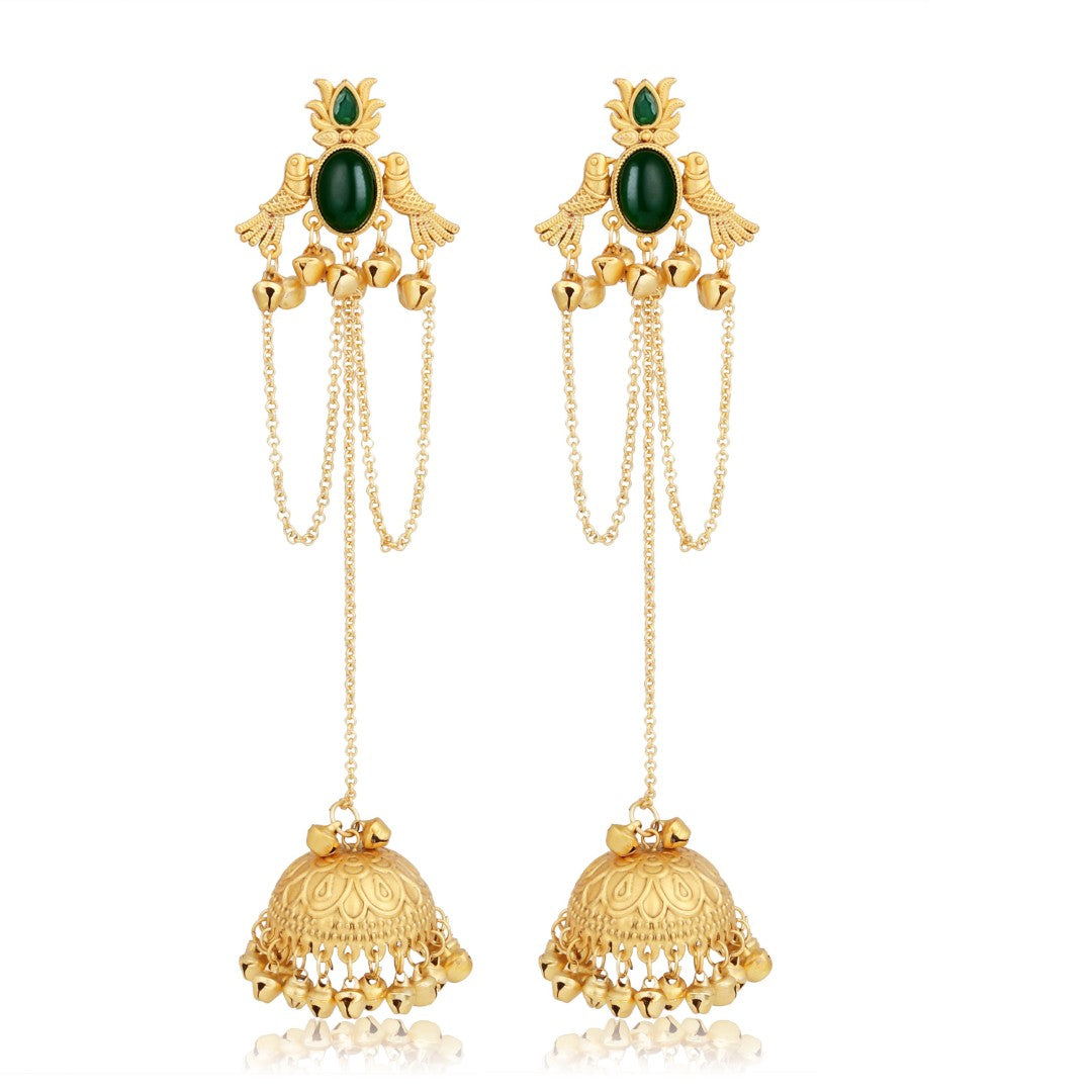 Emerald Green Temple Jhumka Earrings with Chain Tassels