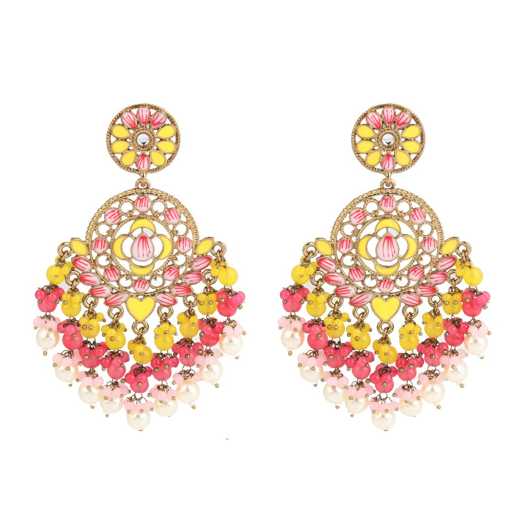 Vibrant Yellow & Pink Chandelier Pearl Drop Earrings