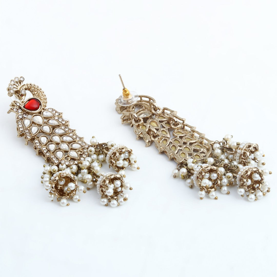 Gold-Toned Drop Earrings with  Stone Accents Red