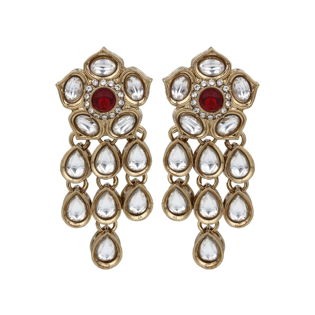 Gold plated Kundan flower drop Earrings - Red