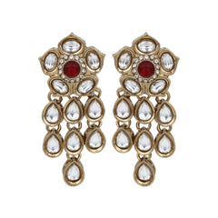 Gold plated Kundan flower drop Earrings - Red