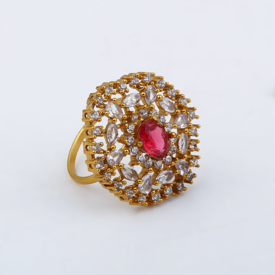 Ruby Red Stone & Crystal Floral Ring