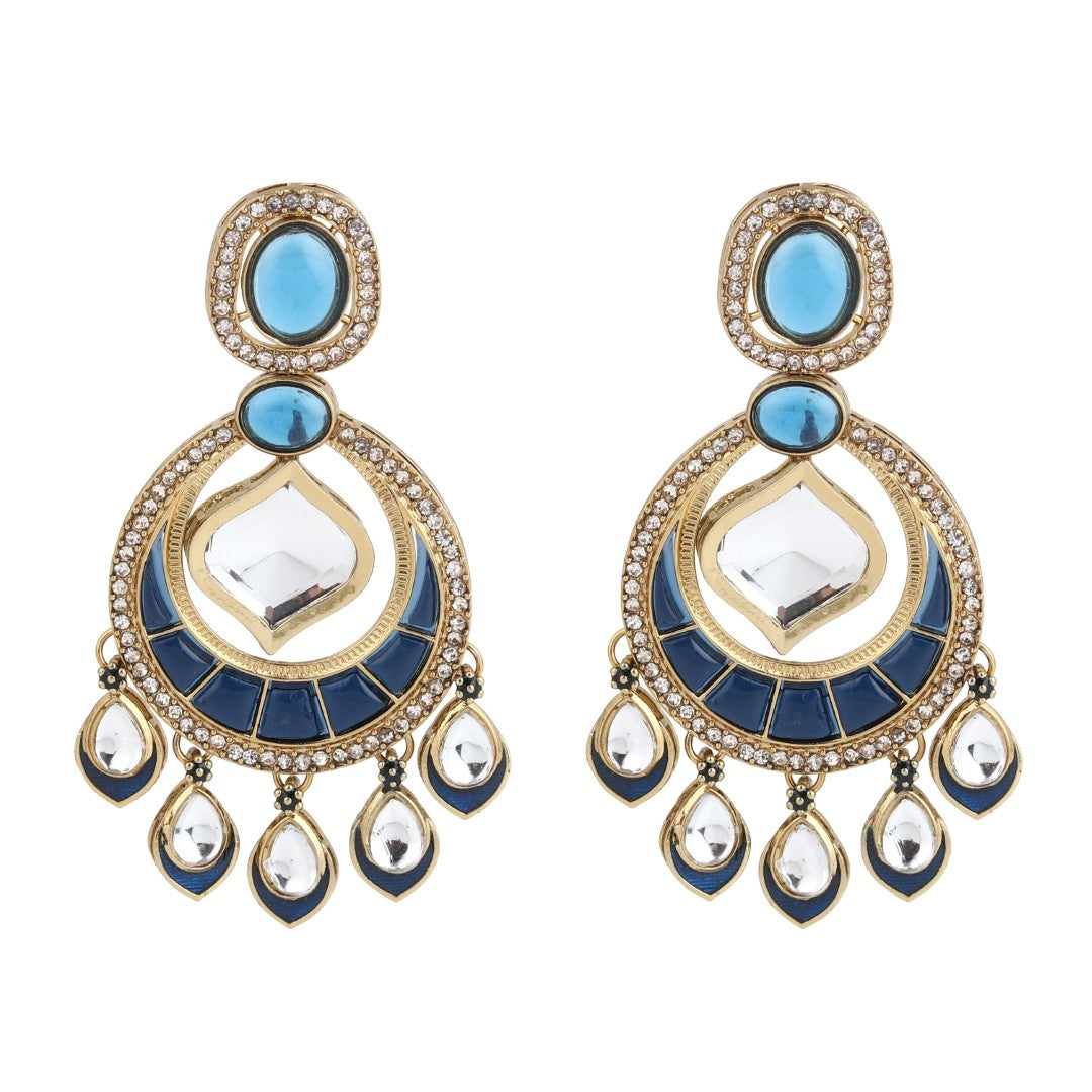 Kundan Chandbali Earrings with Teardrop Danglers- Navy