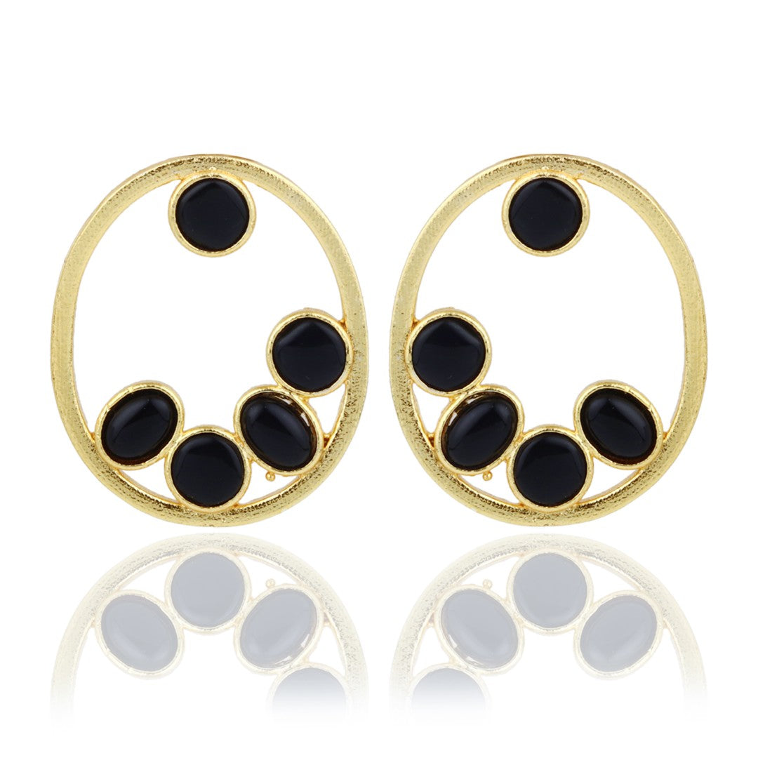 Black Stone Gold-Toned Oval Statement Earrings
