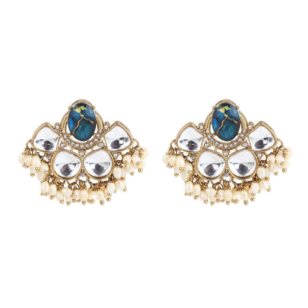 Gold-Plated Blue Kundan Half Chandbali Earrings