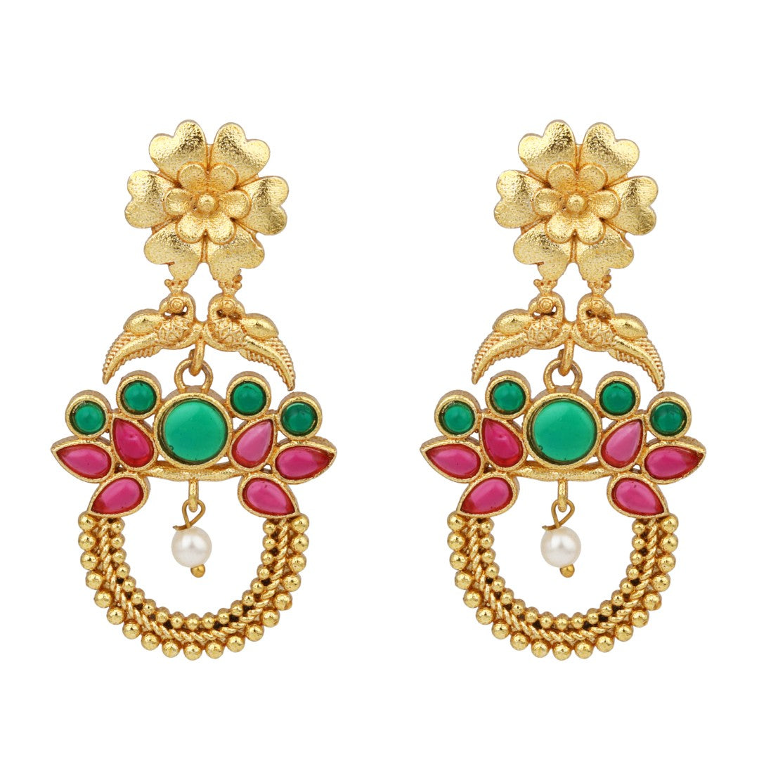 Gold-Plated Drop Earrings with Green & Red AD Stones