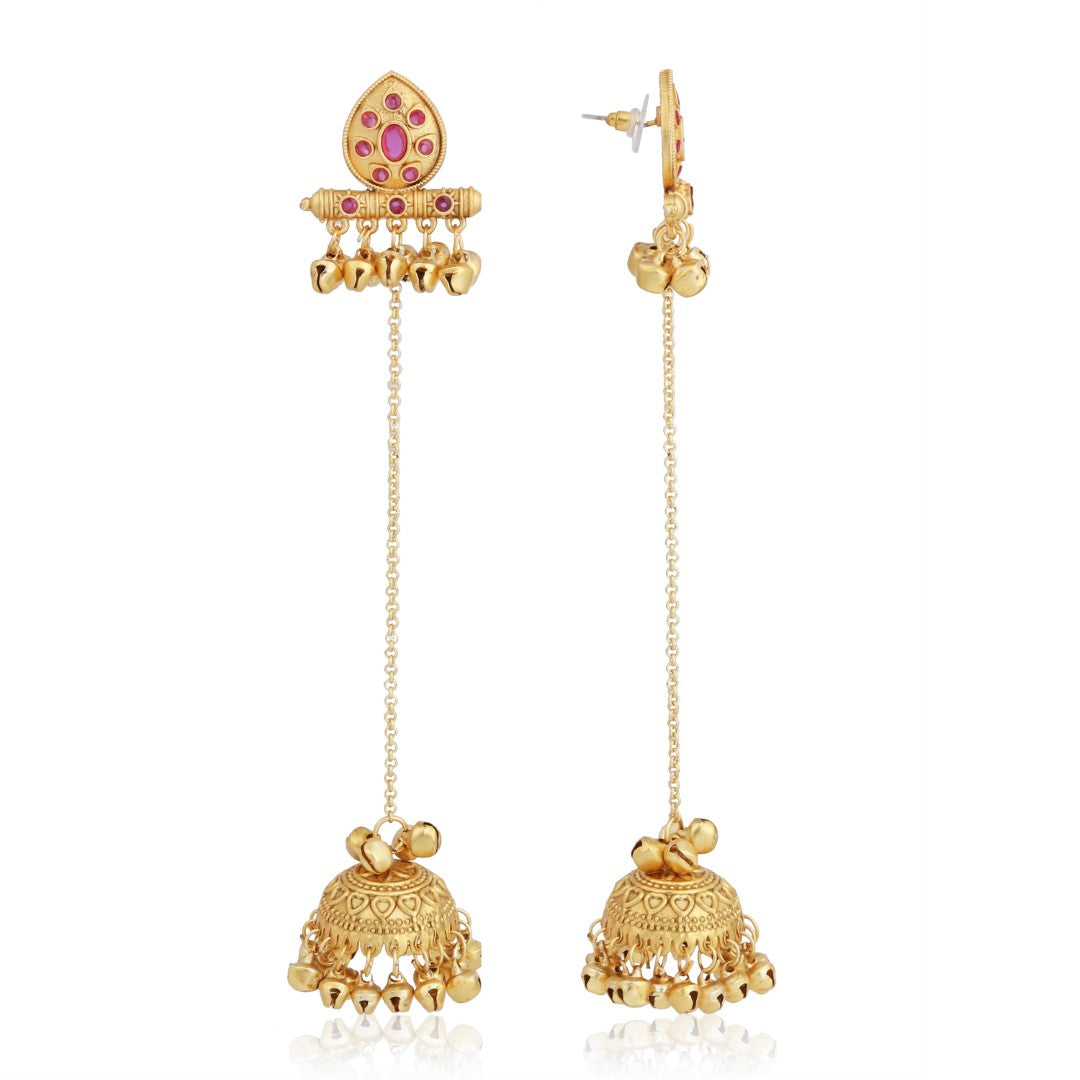 Ruby Temple Jhumka Earrings with Long Chain Tassels