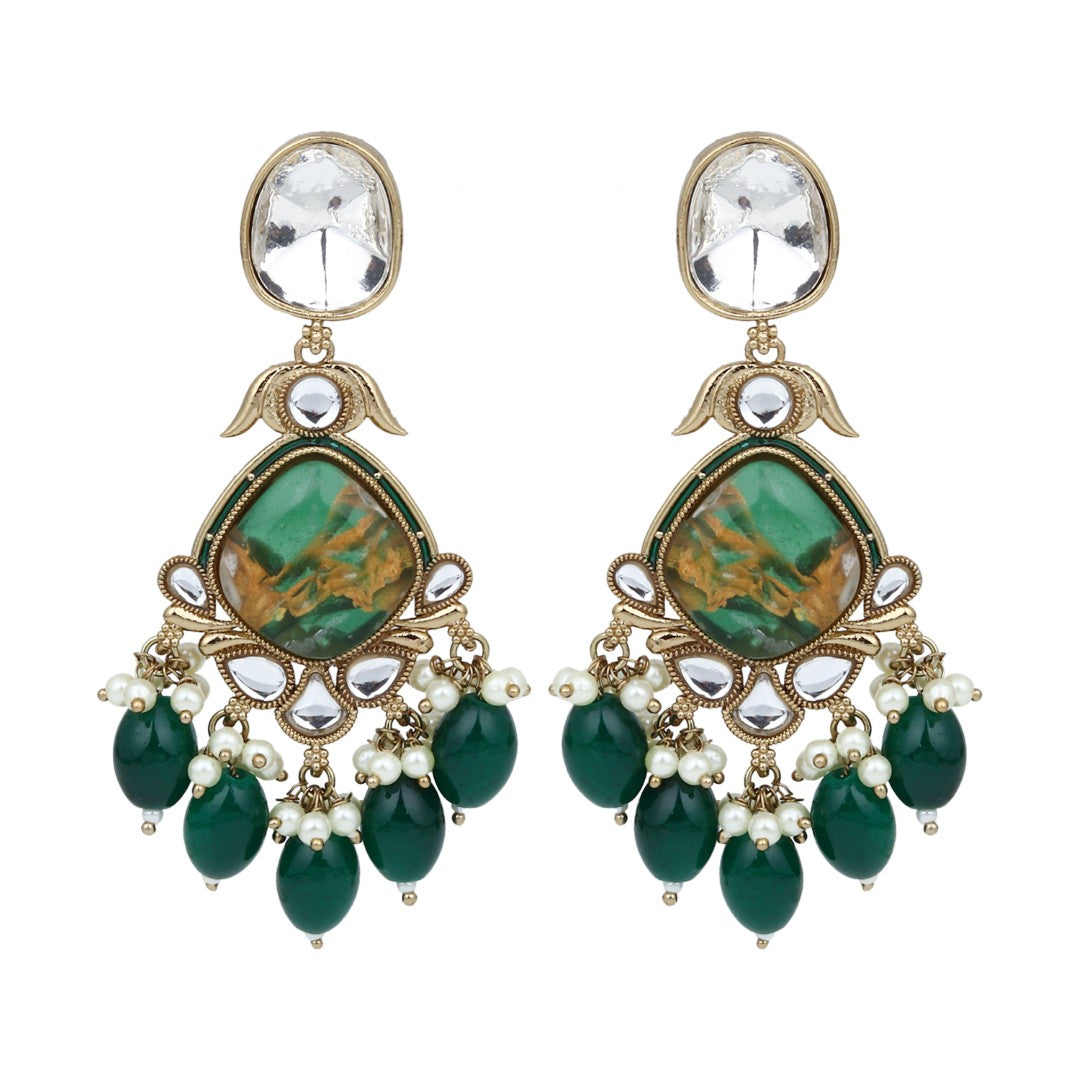 Gold plated two tone Pear shaped stone drop earring - Green