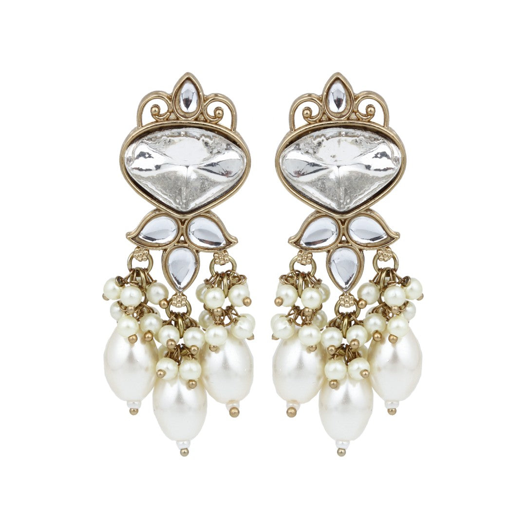 Gold plated Kundan & Pearl drop Earrings- White