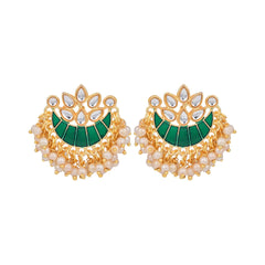 Gold-Plated Brass Half Moon Studs with Meenakari Green