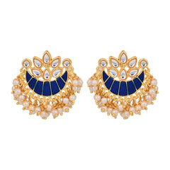 Gold-Plated Brass Half Moon Studs with Meenakari Blue