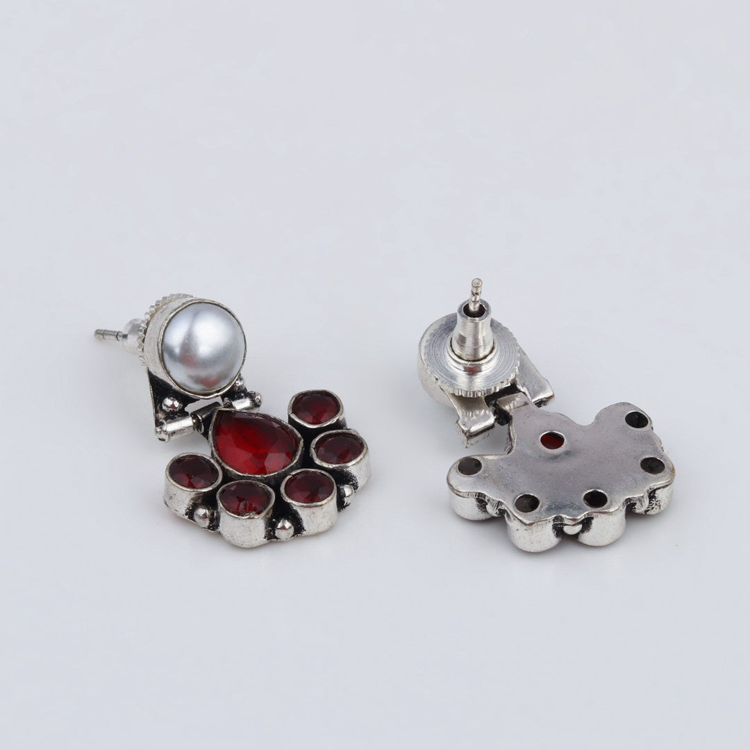 Floral Crystal Pendant Necklace Set with Matching Stud Earrings - Red