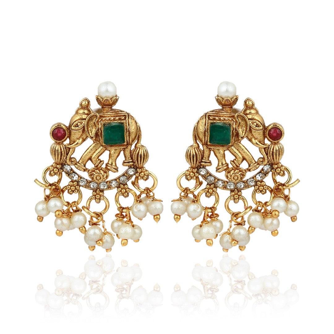 Green Pearl Filigree Elephant Necklace Earrings Set