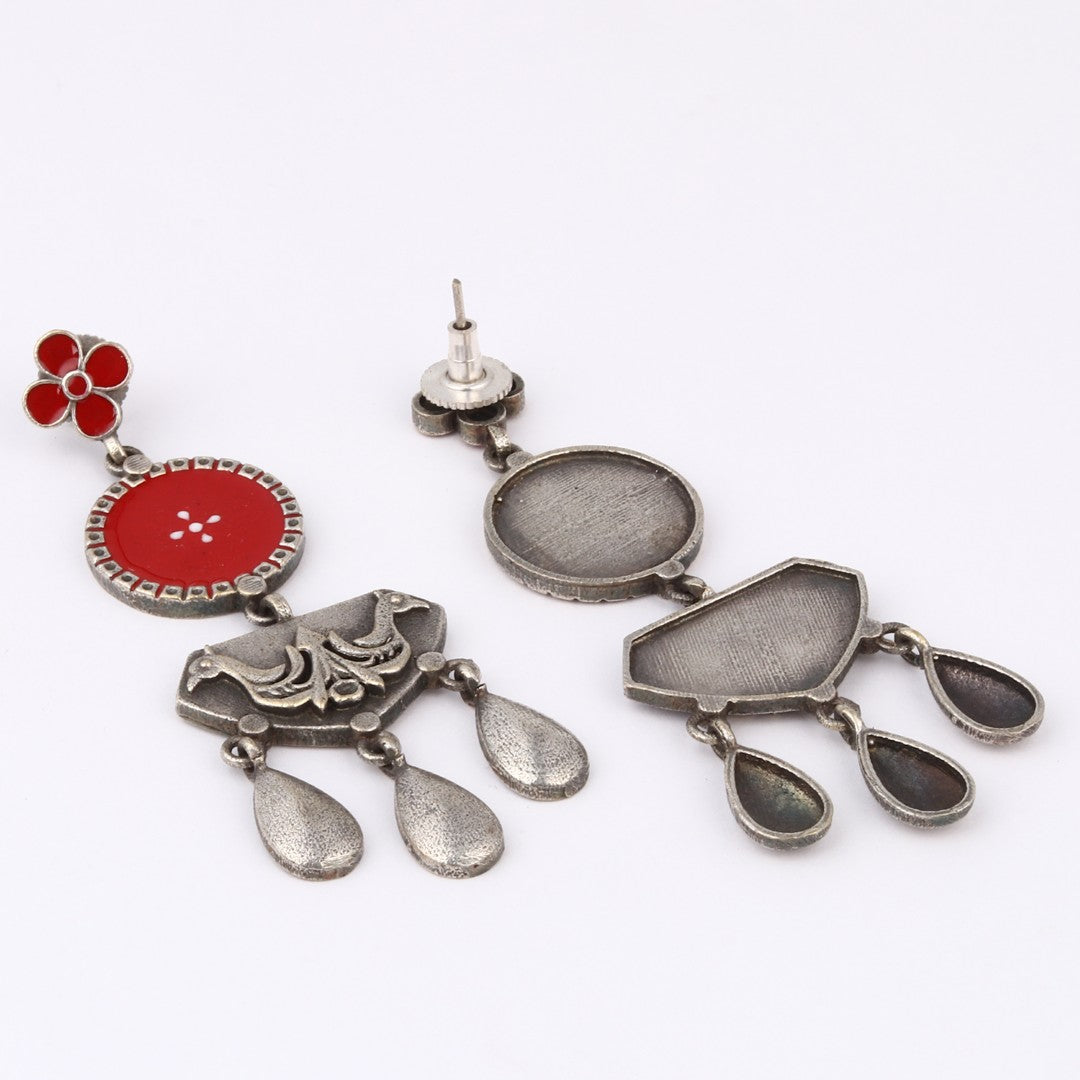 Silver Oxidised finish Red hand painted camel drop earring