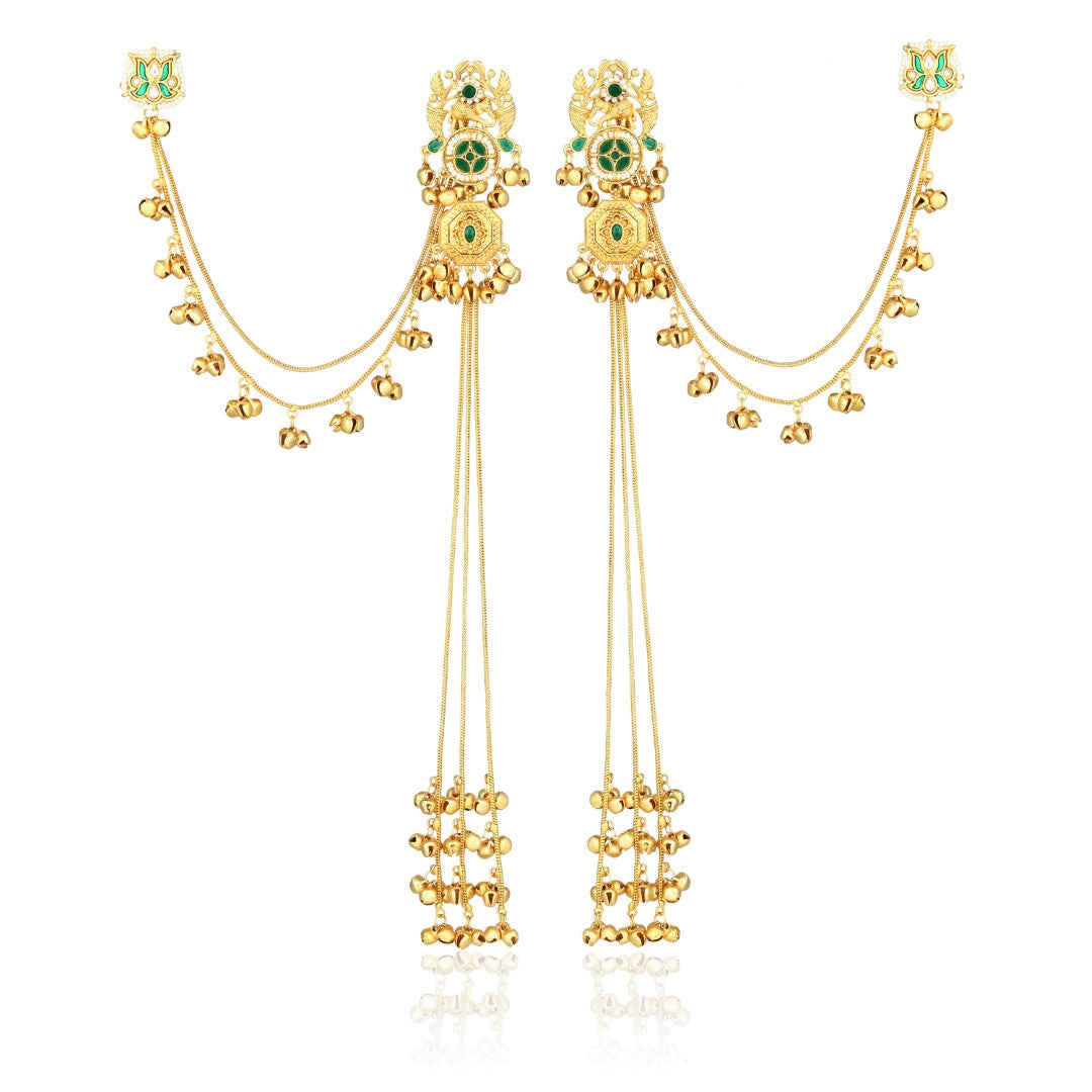 Gold-Tone Kundan & Green Stone Kashmiri Long Chain Earrings