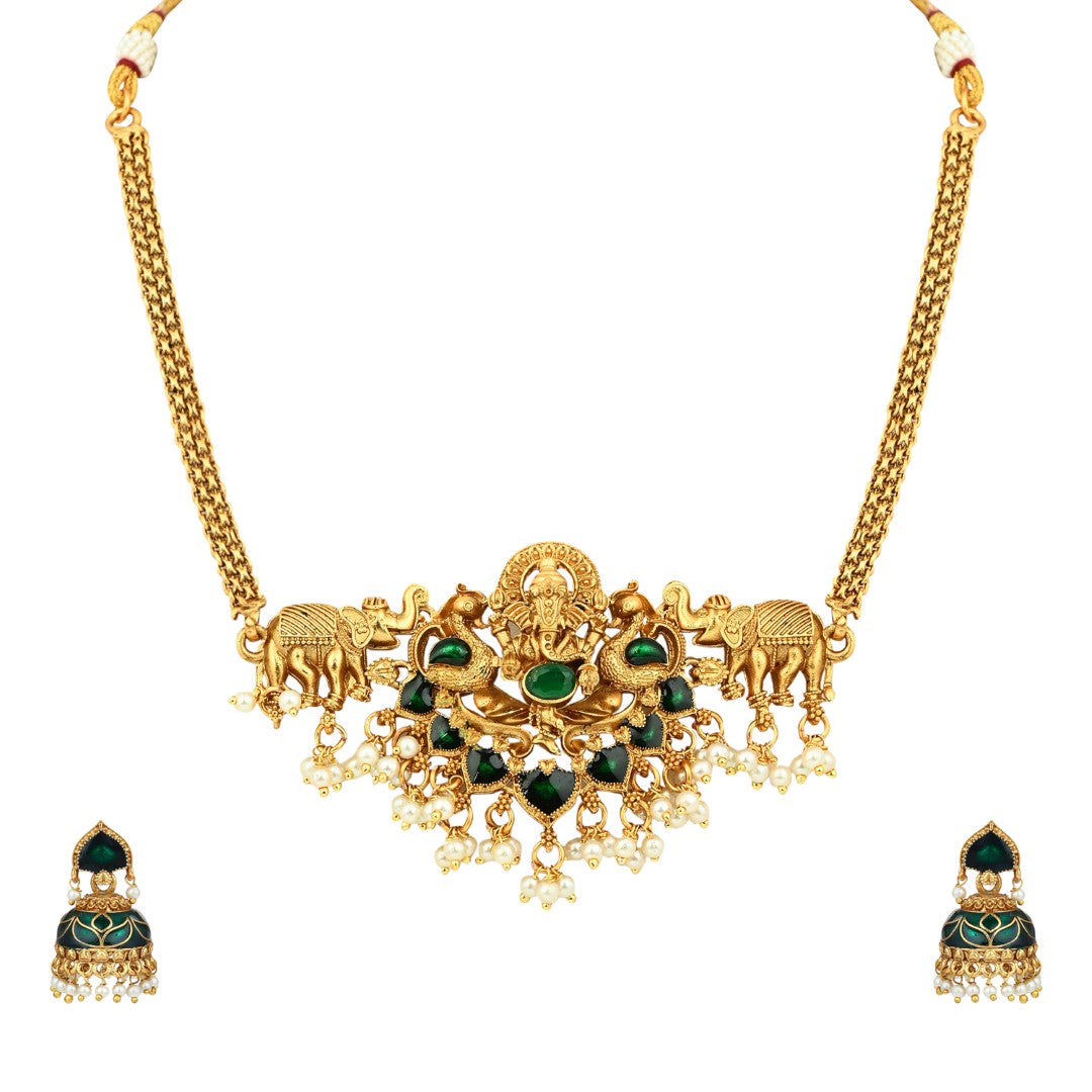 Traditional Temple Lord ganesha Necklace Set with Earrings Green