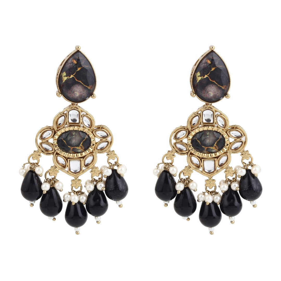 Gold-Plated Black Kundan Chandelier Earrings with Bead Drops