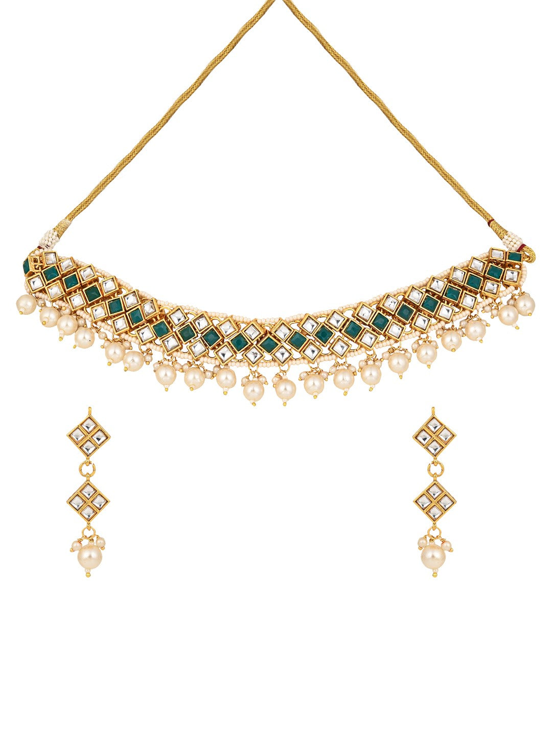 Elegant Green & White Kundan Necklace Set