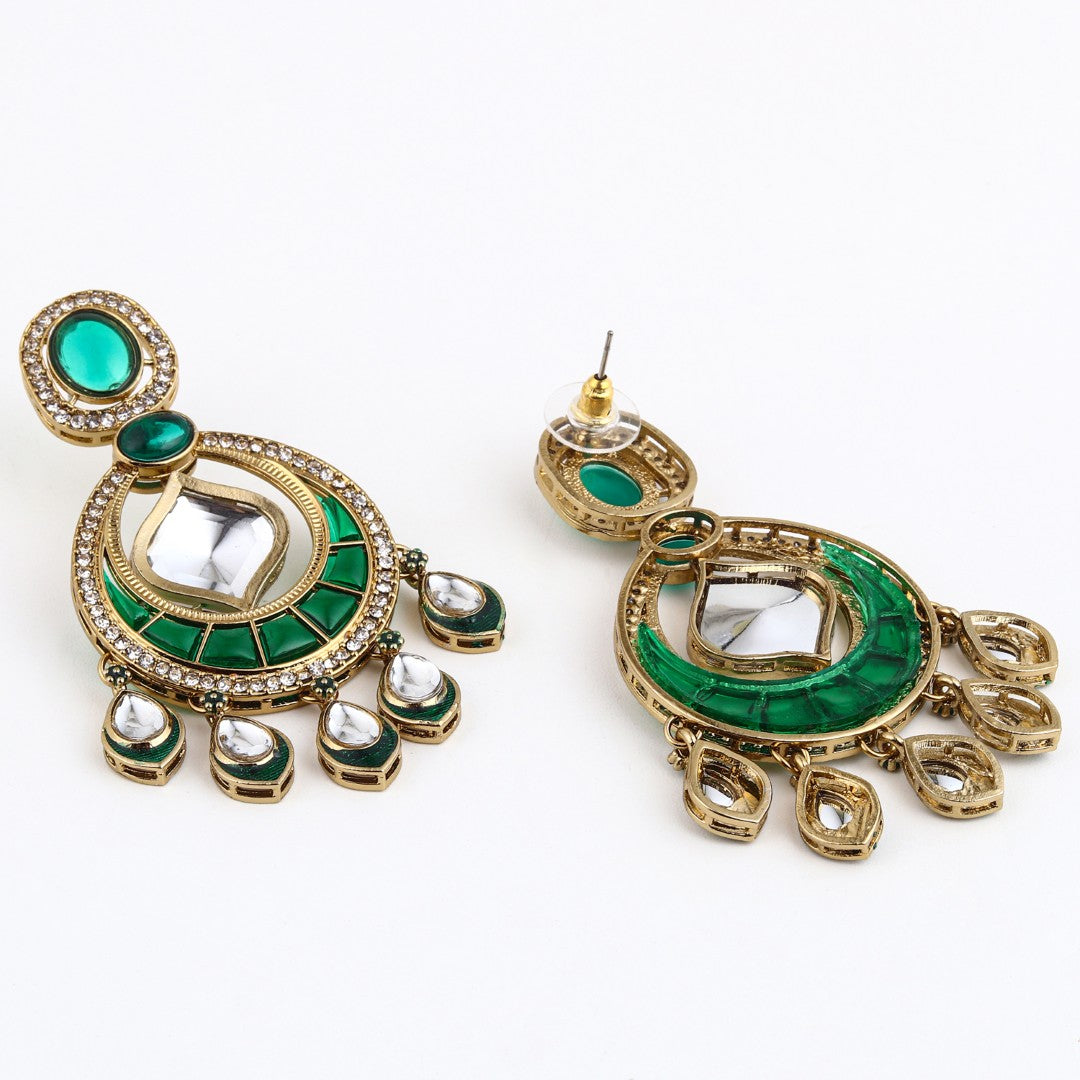 Kundan Chandbali Earrings with Teardrop Danglers- Green