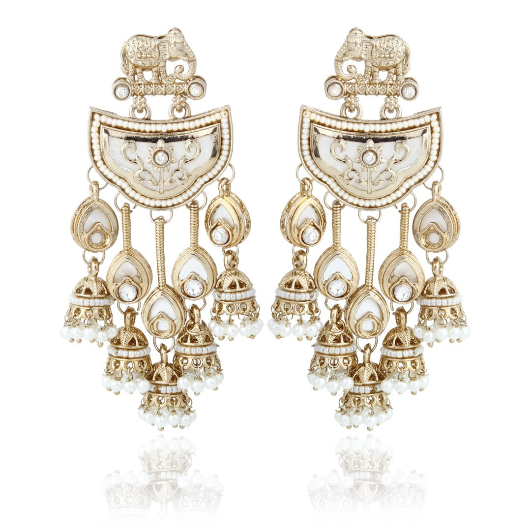 Gold-Toned MOP Chandelier Earrings with Jhumka Drops