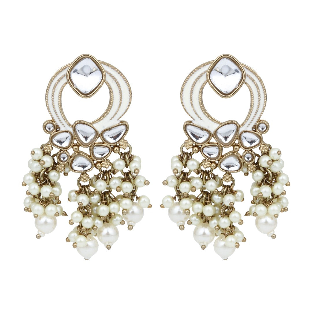 Gold-Plated Meenakari Stud Earrings with Kundan & Pearl Cluster drops - White