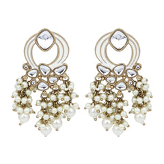 Gold-Plated Meenakari Stud Earrings with Kundan & Pearl Cluster drops - White